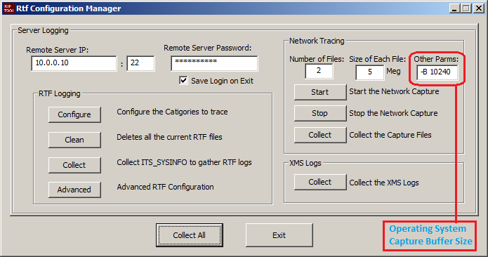 RTF Configuration Main Screen Network Tracing